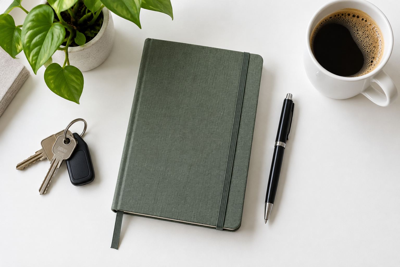Desk flat-lay, illustrative