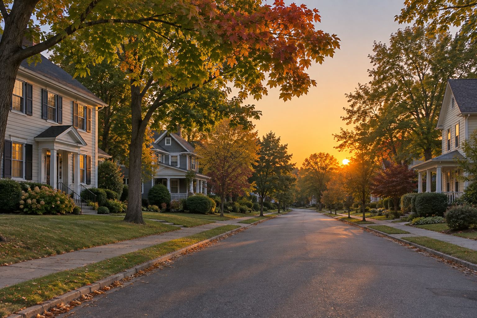 A Saratoga Springs residential street at sunset, illustrative