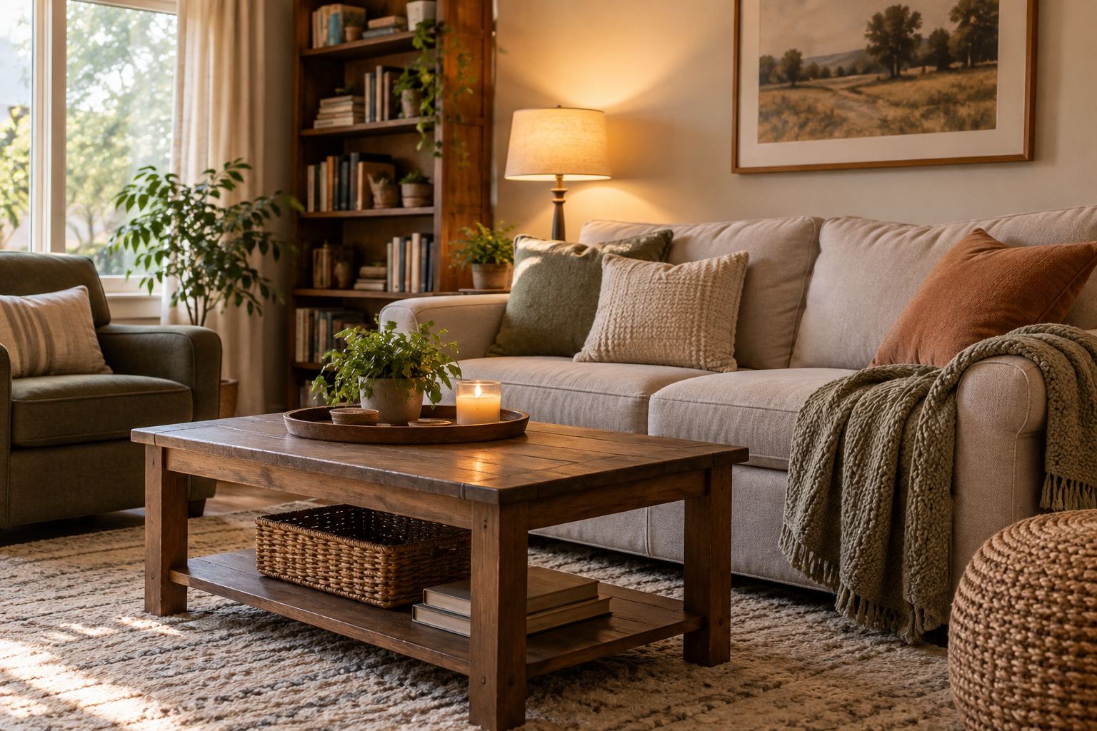 A cozy Saratoga Springs living room, illustrative