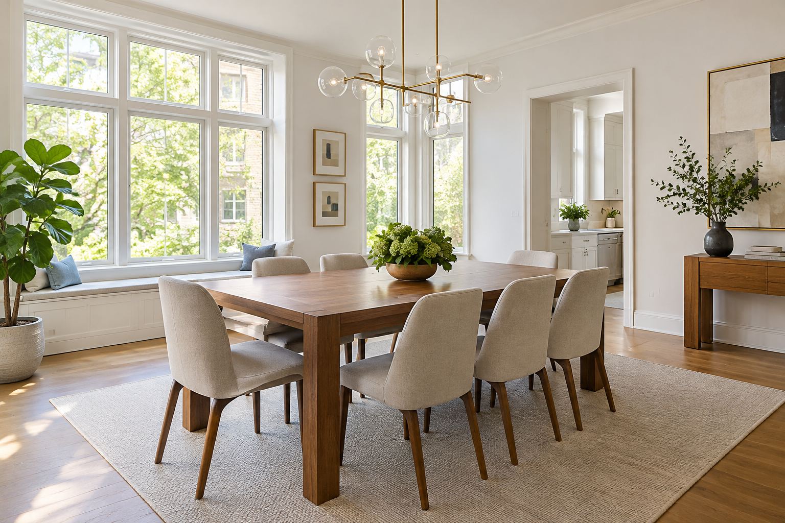 A bright dining room, illustrative